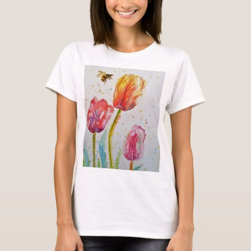 Tulip Bee Floral Flower Watercolor Womens T Shirt