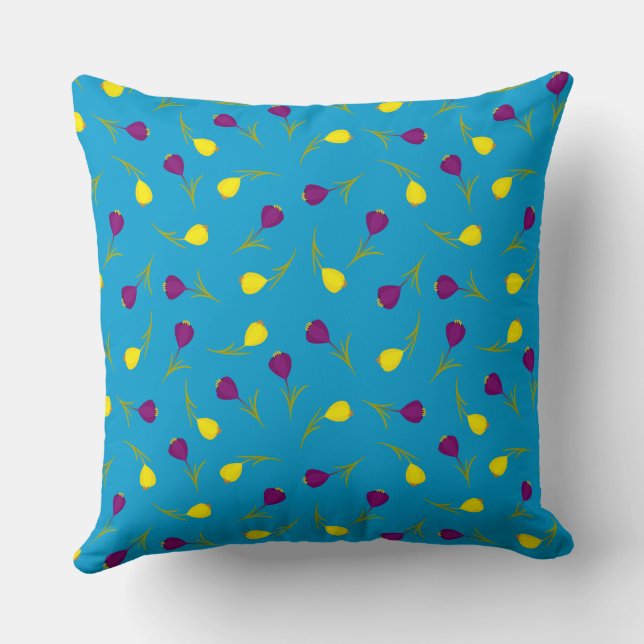 Tulip Blue Floral Repeat Pattern Art Throw Pillow (Back)