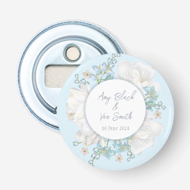 Tulip Blue Floral Wedding Bottle Opener (Front)