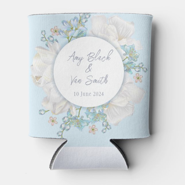 Tulip Blue Floral Wedding Can Cooler (Front)