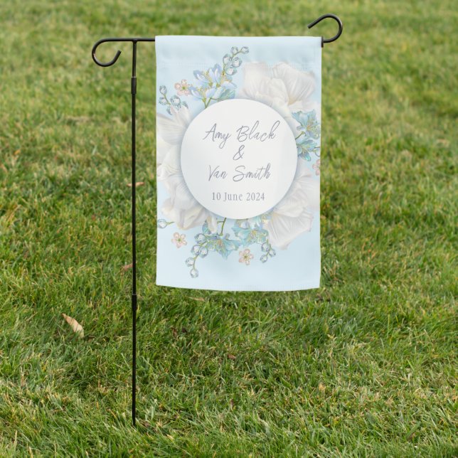 Tulip Blue Floral Wedding Garden Flag (In SItu)