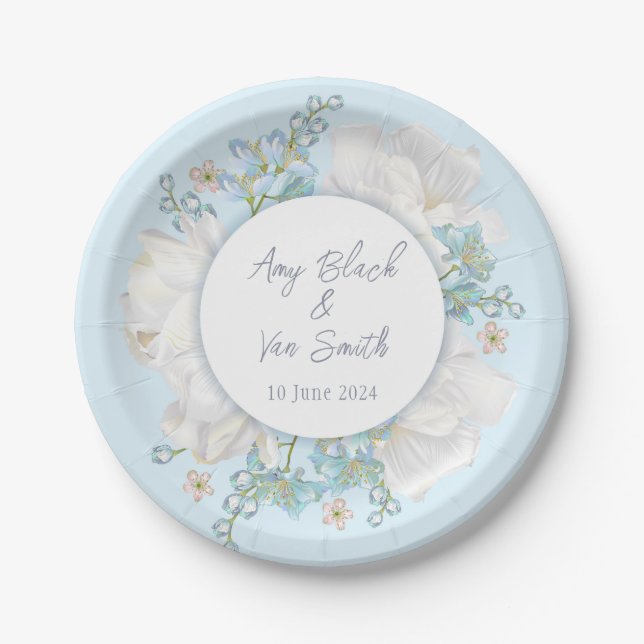 Tulip Blue Floral Wedding Paper Plates (Front)