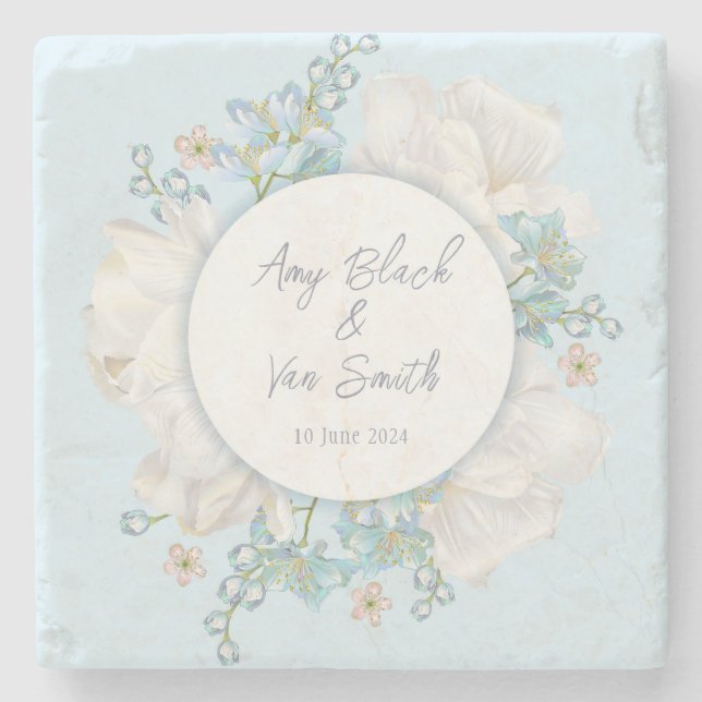 Tulip Blue Floral Wedding Stone Coaster (Front)