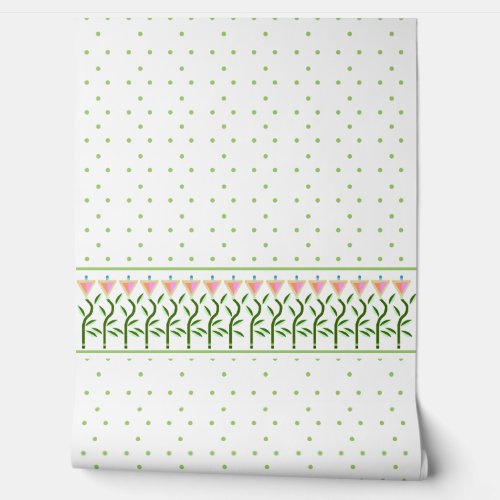 Tulip border and dots of green wallpaper 