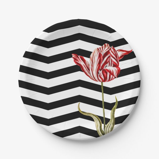 Tulip Botanical Chevron Stripes Pattern Paper Plates (Front)