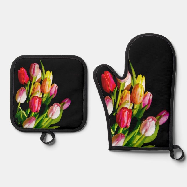 Tulip Bouquet Painting Original Garden Flower Art Oven Mitt & Pot Holder Set (Front)