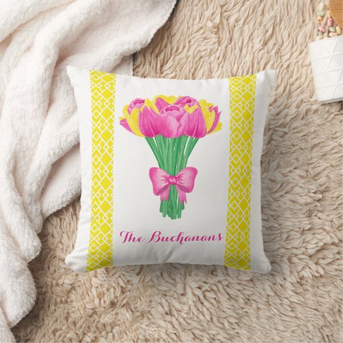 Tulip Bouquet with bow  geometric designed Throw Pillow