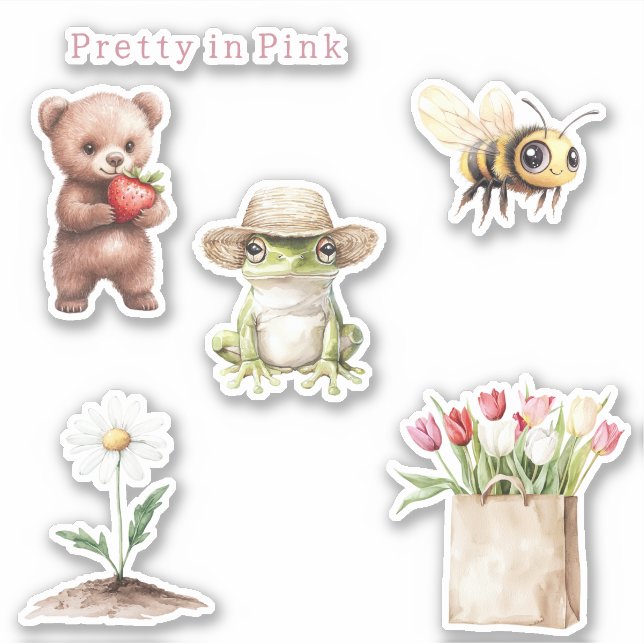 Tulip Daisy Flowers Bear Strawberry Frog Bee Sticker (Front)