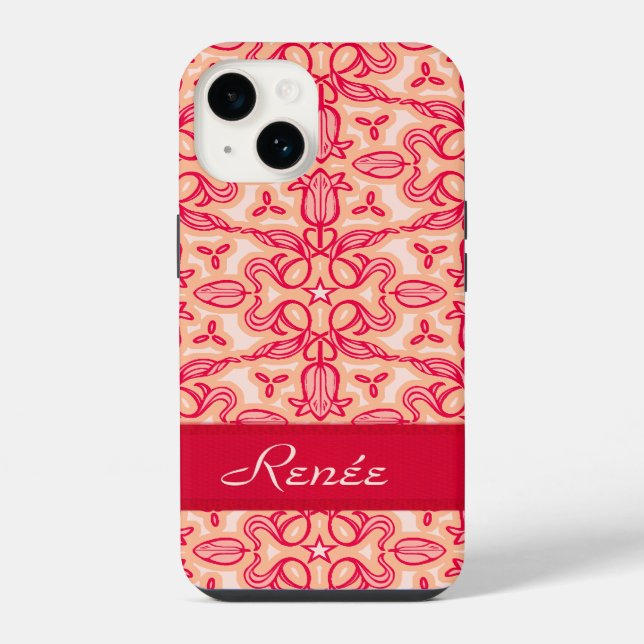 Tulip damask pattern red orange name iphone case (Back)