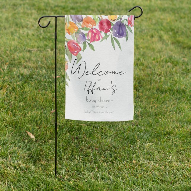 Tulip Dreams Floral-inspired  Baby Shower Garden Flag (In SItu)