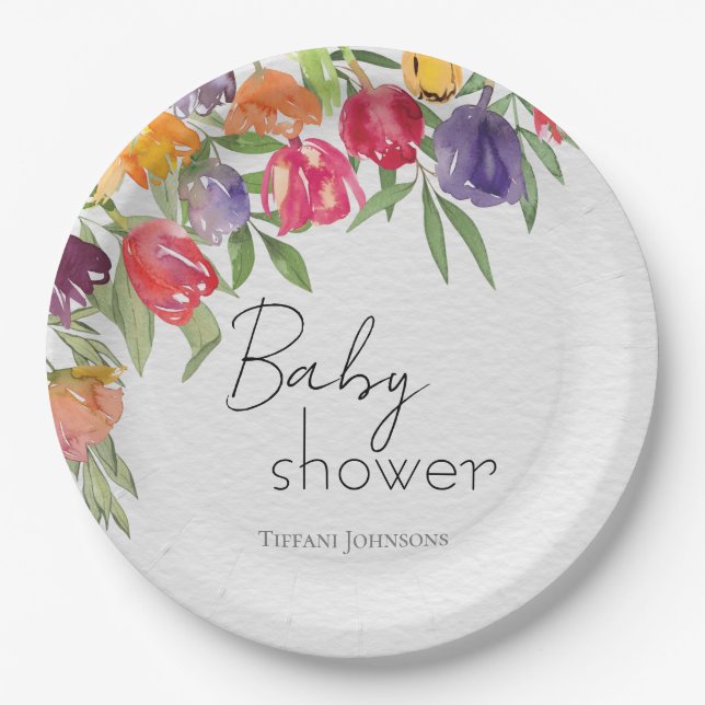 Tulip Fantasy Floral-inspired Baby Shower Paper Plates (Front)
