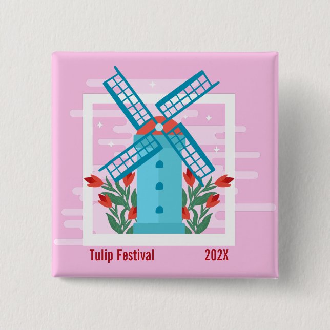Tulip Festival, Blue Windmill, Red Tulips Button (Front)