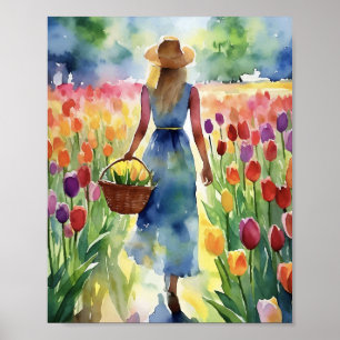 Tulip Field Colorful Watercolor Poster