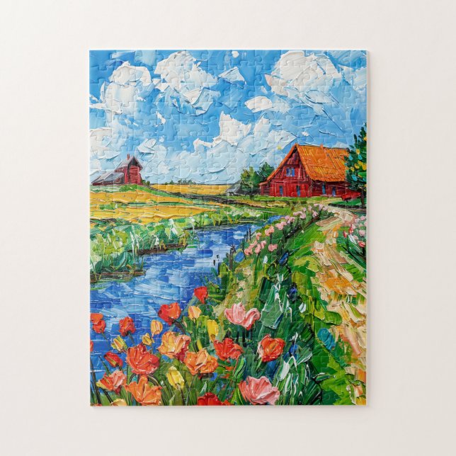 Tulip Fields with Barn and Stream Fantasy Painting Jigsaw Puzzle (Vertical)
