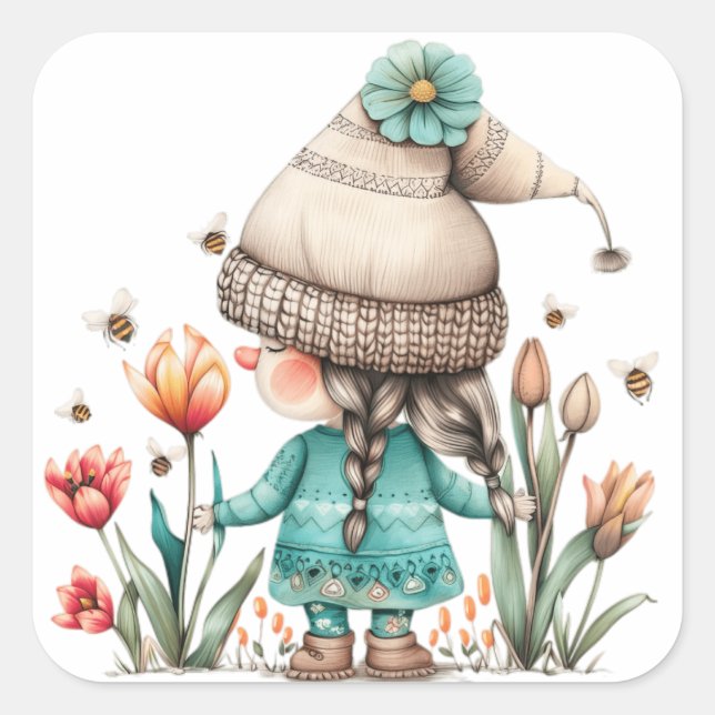 Tulip Floral Girl Gnome Square Sticker (Front)
