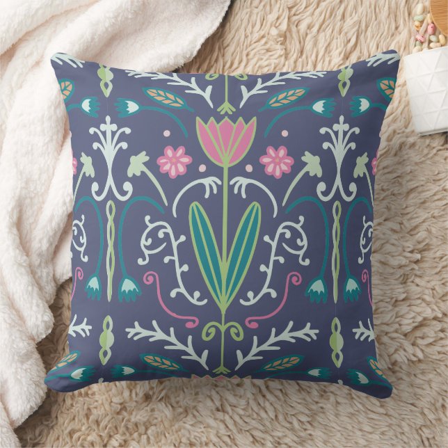 Tulip Floral Pink Green Dark Blue Throw Pillow (Blanket)