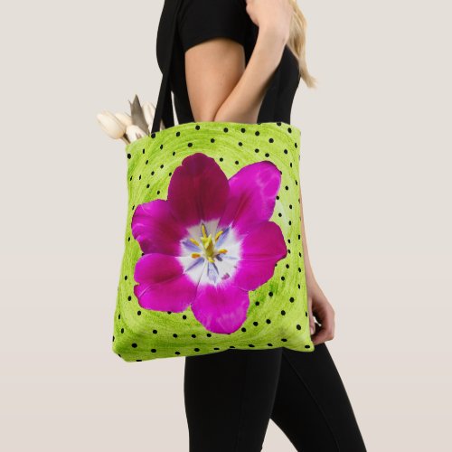 Tulip flower and polka tote bag