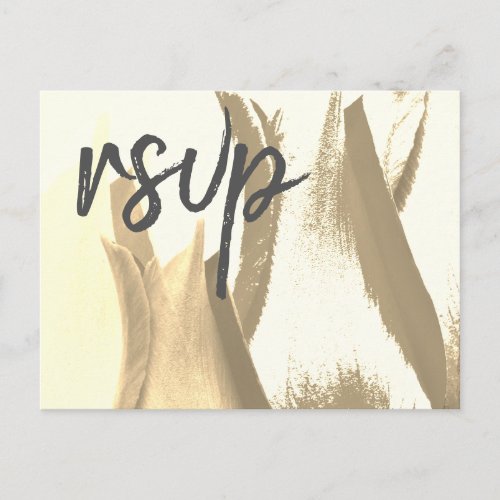 Tulip Flower Menu Choice RSVP Golden Postcard - A personalizable golden tulip flower menu choice RSVP postcard for a wedding. It`s perfect for a rustic flower or modern wedding. The design features beautiful tulips in golden colours on a white background. This wedding response postcard asks your guests what meal they would like at your reception. You can change all information on the back side of the card.