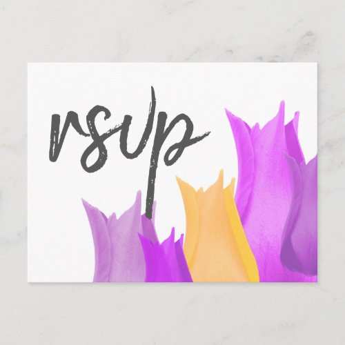 Tulip Flower Menu Choice RSVP Postcard - A personalizable tulip flower menu choice RSVP postcard for a wedding. It`s perfect for a rustic or modern wedding. The design features beautiful tulips in violet, purple and yellow colours on a white background. This wedding response postcard asks your guests what meal they would like at your reception.