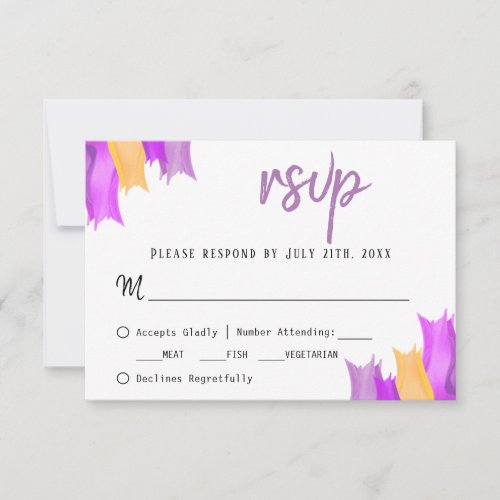 Tulip Flower Menu Choice Wedding RSVP - A personalizable tulip flower menu choice RSVP card for a wedding. It`s perfect for a rustic or modern wedding. The design features beautiful tulips in violet, purple and yellow colours on a white background. This wedding response card asks your guests what meal they would like at your reception