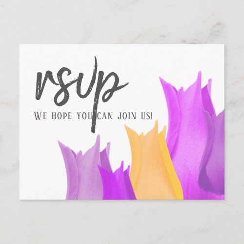 Tulip Flower RSVP Postcard - A personalizable tulip flower RSVP postcard for a wedding. Beautiful tulips in violet, purple and yellow colours on a white background.