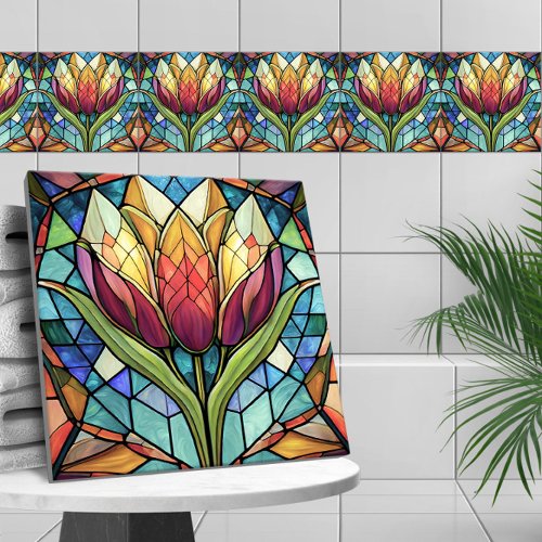 Tulip flower stained glass mosaic ceramic tile