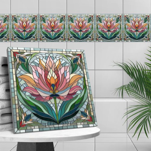 Tulip flower stained glass mosaic ceramic tile
