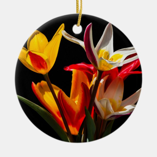 Tulip flowers against black background ceramic ornament (Front)