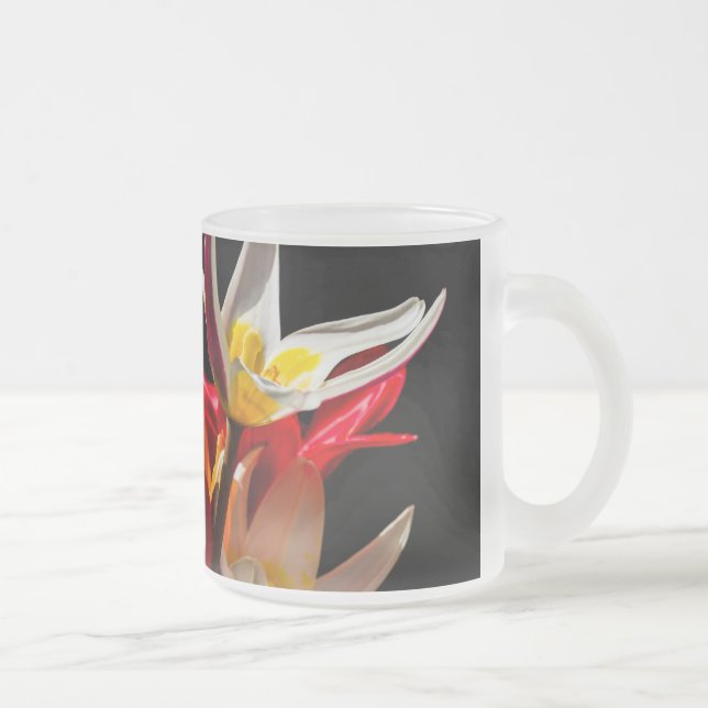 Tulip flowers against black background frosted glass coffee mug (Right)
