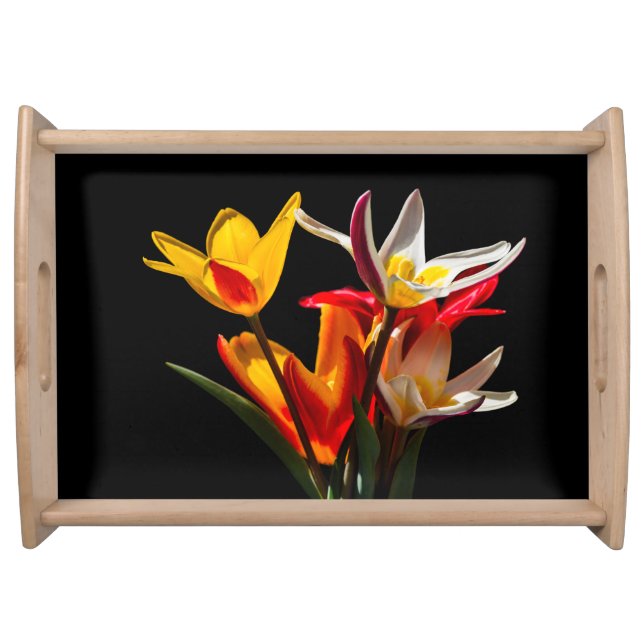 Tulip flowers against black background serving tray (Front)