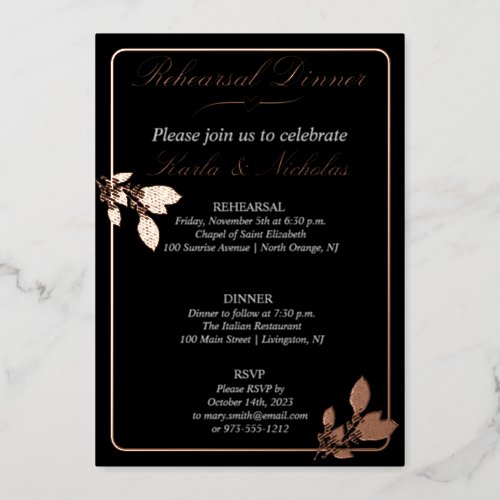 Tulip Flowers Black Rehearsal Dinner Foil Invitation