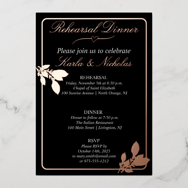Tulip Flowers Black Rehearsal Dinner Foil Invitation (Front)