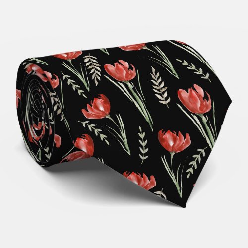 Tulip Flowers Botanical Watercolor Black   Neck Tie