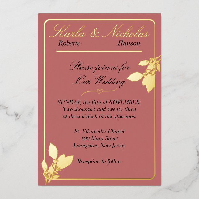 Tulip Flowers, Cinnamon Rose Wedding, Gold Foil Invitation (Front)