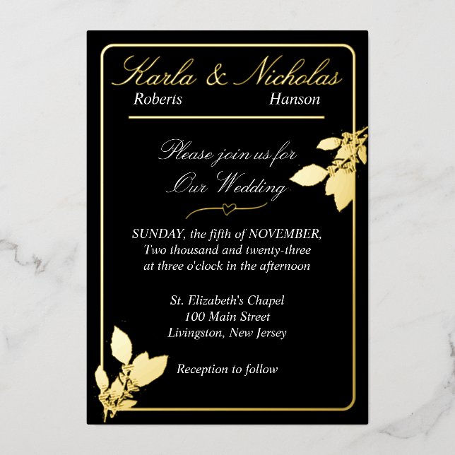 Tulip Flowers, Elegant Black Wedding Foil Invitation (Front)