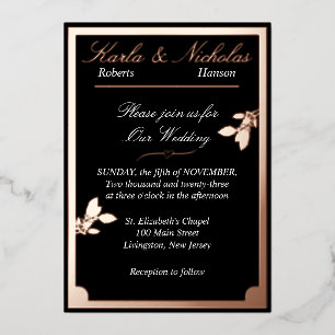 Tulip Flowers, Elegant Black Wedding, Oval Border  Foil Invitation