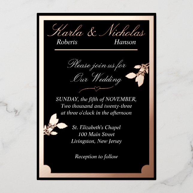 Tulip Flowers, Elegant Black Wedding, Oval Border  Foil Invitation (Front)