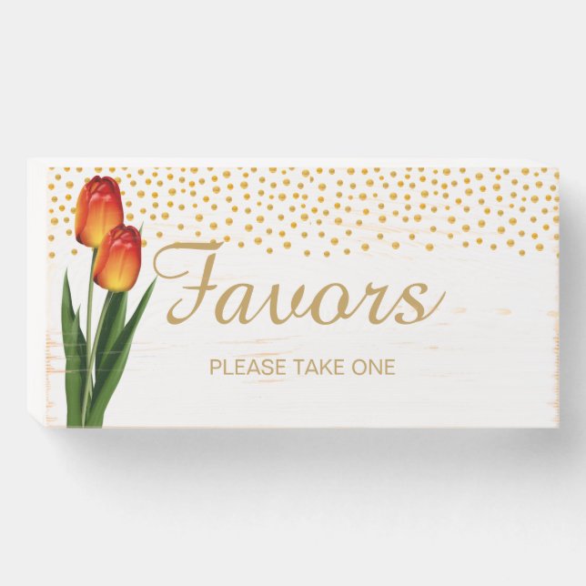 Tulip Flowers & Gold Confetti Favors Wooden Box Sign (Front Horizontal)