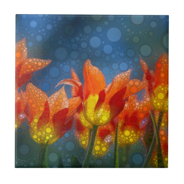 Tulip Flowers On Blue Ceramic Tile (Front)