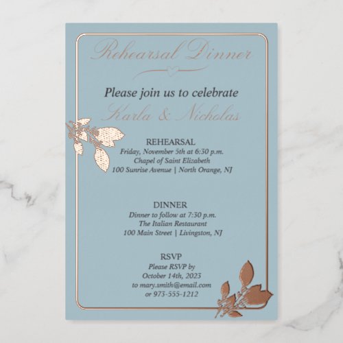 Tulip Flowers Pastel Blue Rehearsal Dinner Foil Invitation