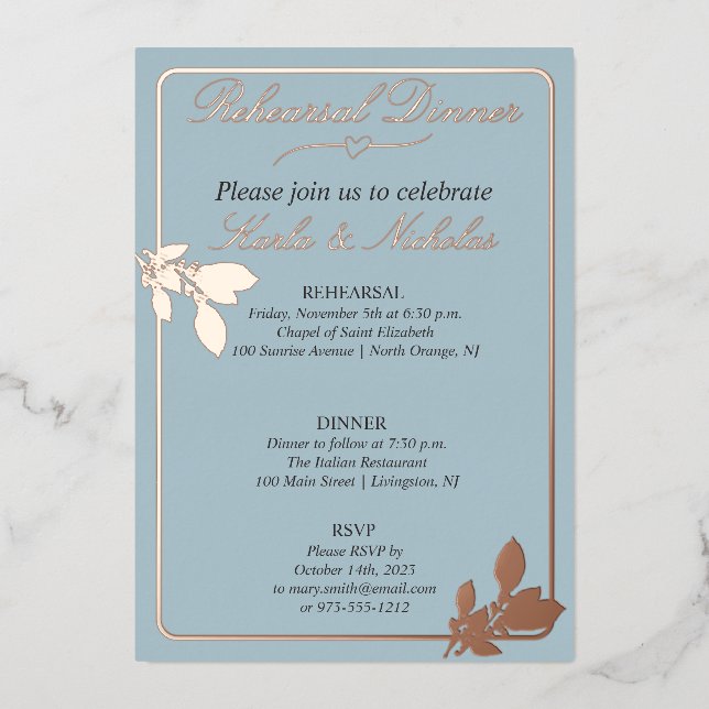 Tulip Flowers Pastel Blue Rehearsal Dinner Foil Invitation (Front)