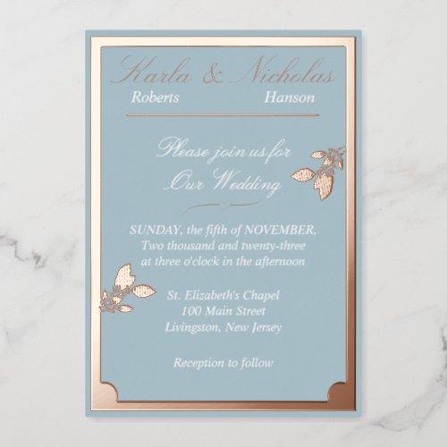 Tulip Flowers Pastel Blue Wedding Oval Border Foil Invitation