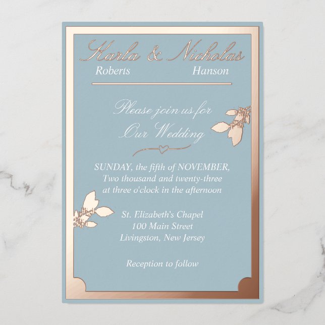 Tulip Flowers, Pastel Blue Wedding, Oval Border Foil Invitation (Front)