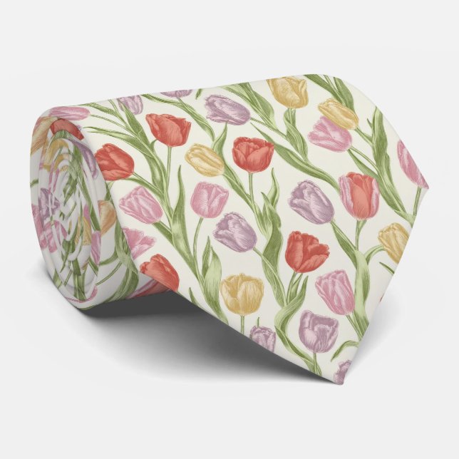 Tulip Garden Floral Pattern Neck Tie (Rolled)