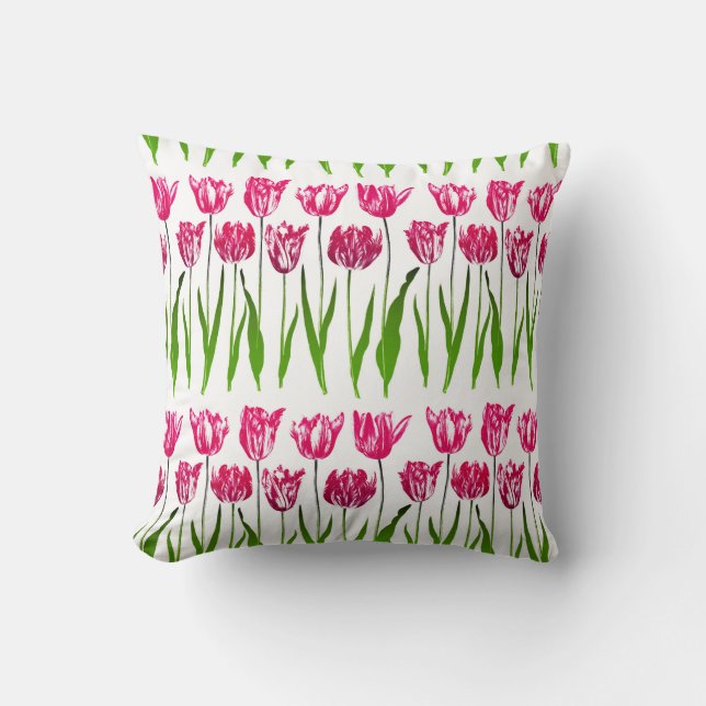 Tulip Garden Floral Print, Fuchsia Pink and Green Throw Pillow (Front)