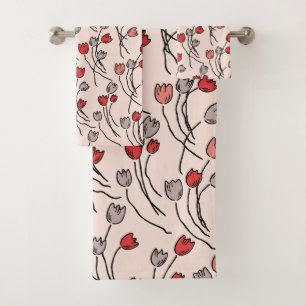 Tulip Garden - Modern Floral In Red & Pink Bath Towel Set