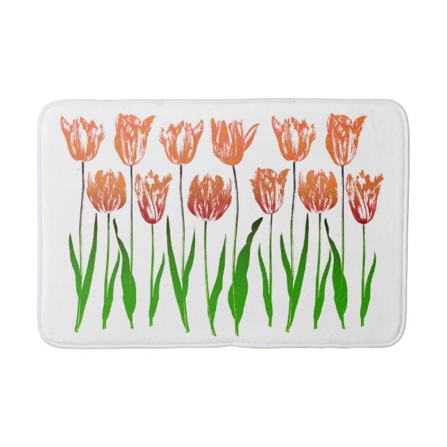 Tulip Garden Print in Coral Orange and Green Bath Mat (Front)