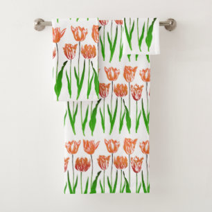 Tulip Garden Print in Coral Orange and Green Bath Towel Set