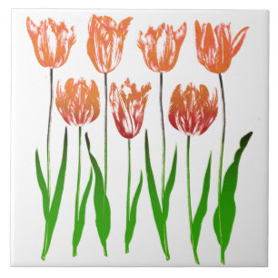 Tulip Garden Print in Coral Orange and Green Ceramic Tile