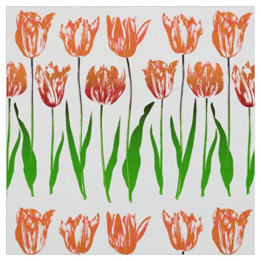 Tulip Garden Print in Coral Orange and Green Fabric